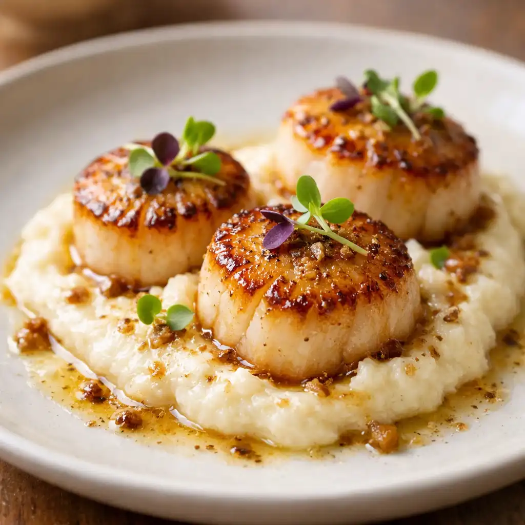 Seared scallops on cauliflower purée with brown butter and microgreens