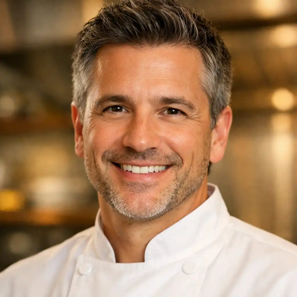 Portrait of the executive chef at Bistro Zanor in a white chef coat, smiling confidently in a modern kitchen