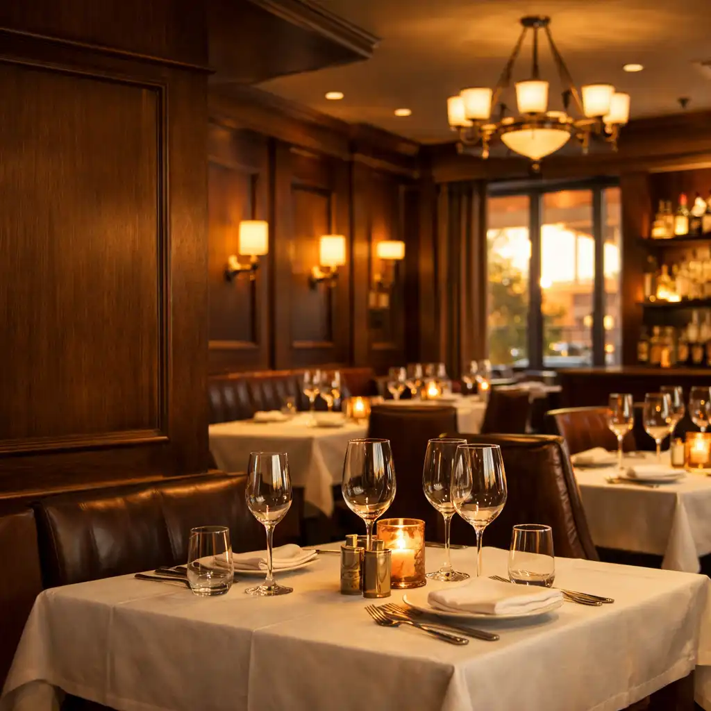 Warm, inviting interior of Bistro Zanor with walnut wood paneling, white linen tables, and soft golden lighting