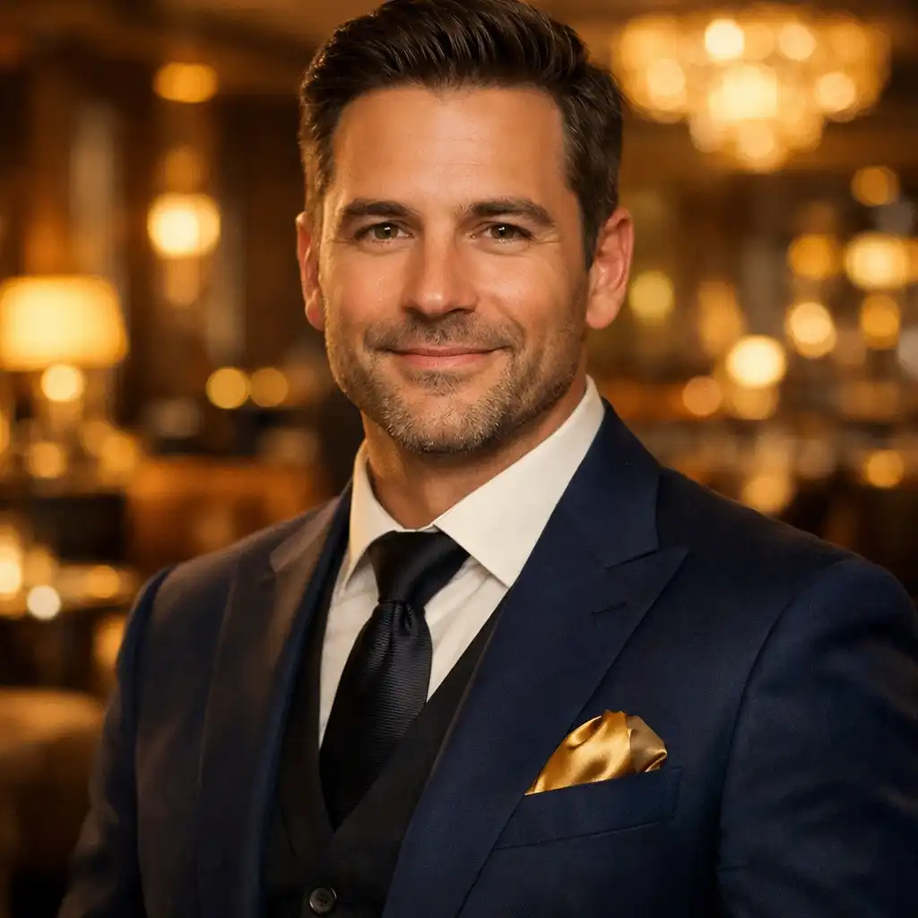 Portrait of the lounge manager at Bistro Zanor in a tailored suit, standing confidently in the upscale lounge