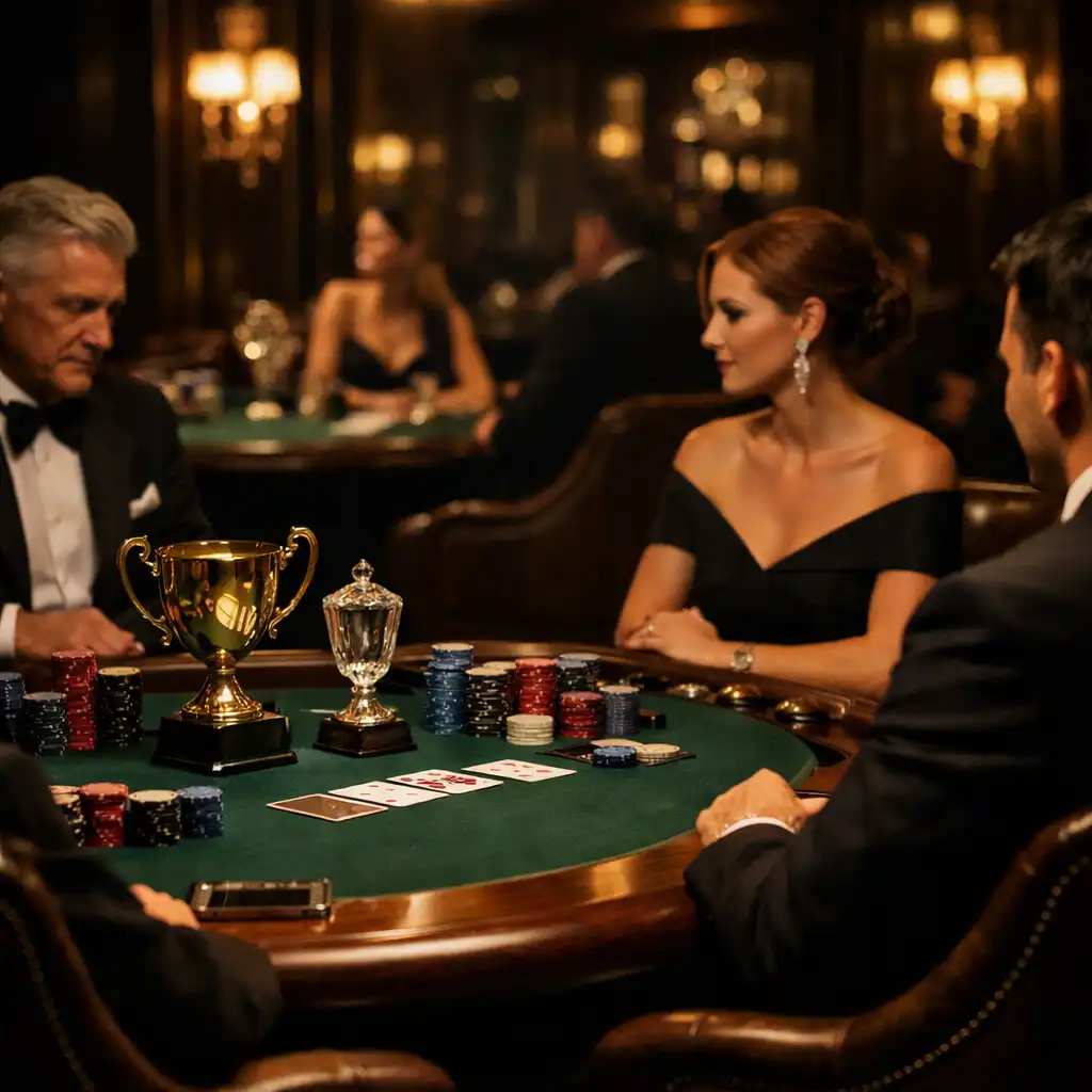 Sophisticated casino lounge at Bistro Zanor with live felt card tables, leather chairs, and warm ambient lighting