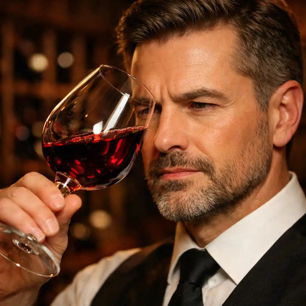Portrait of the sommelier at Bistro Zanor holding a wine glass and examining its colour in a wine cellar