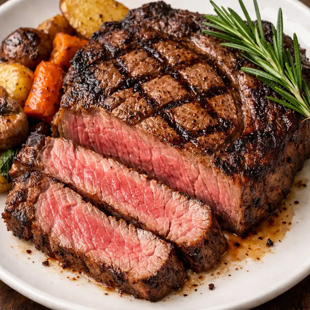 Prime ribeye steak sliced to show a juicy pink center, served with roasted vegetables