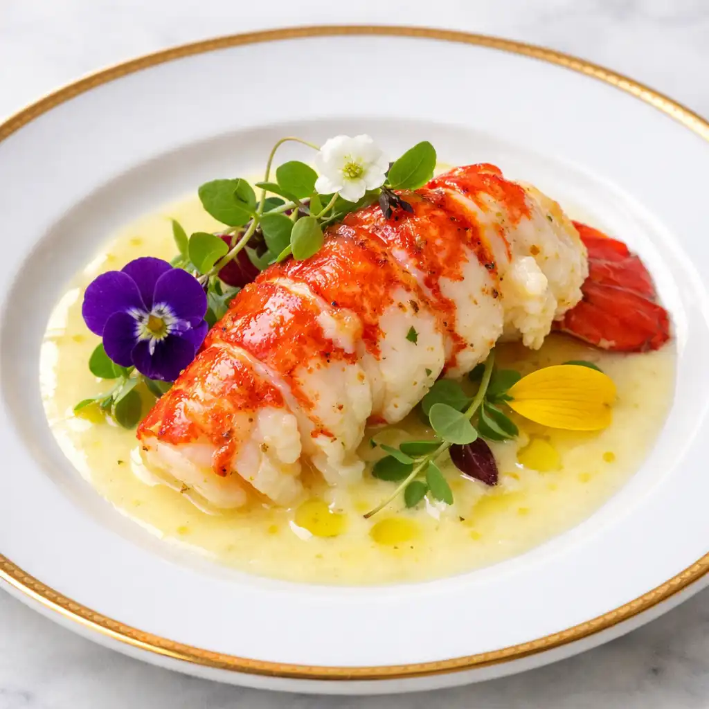 Butter-poached lobster tail on a bed of lemon beurre blanc, garnished with microgreens