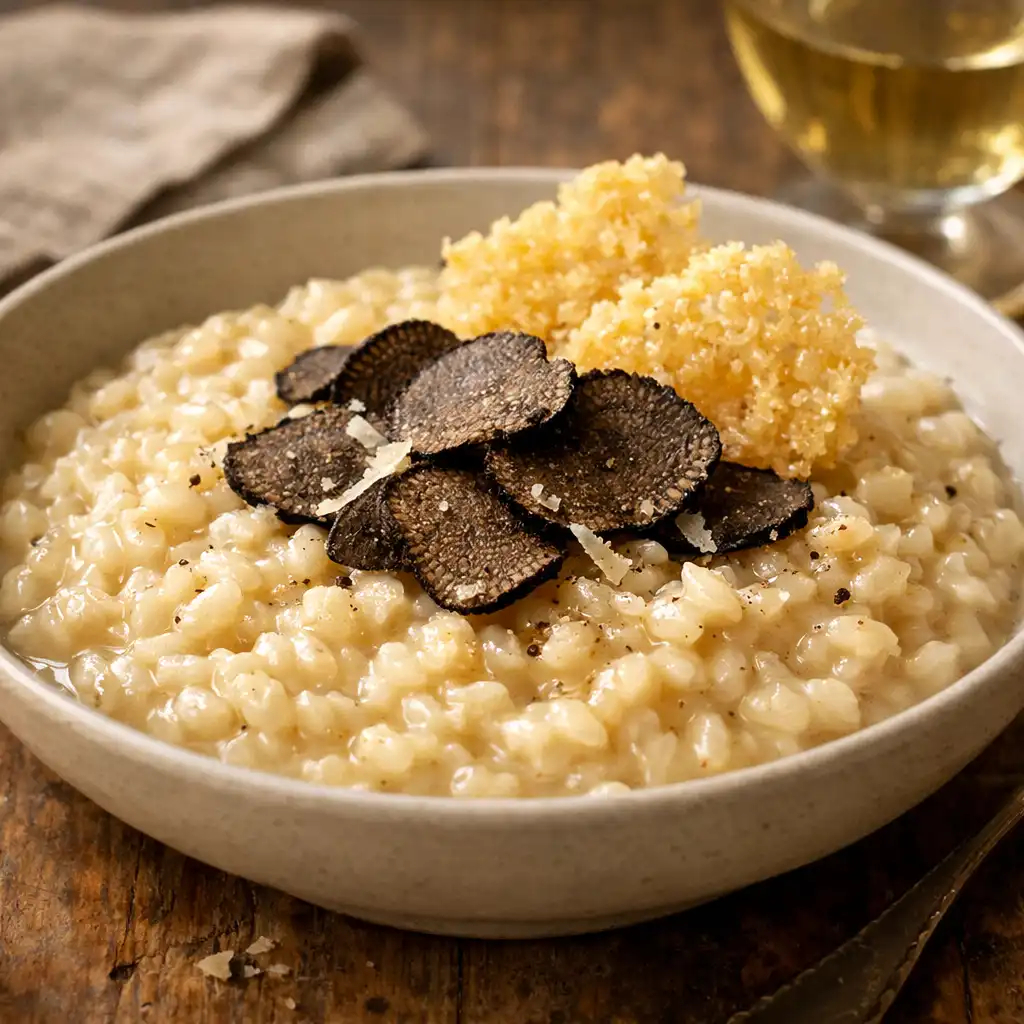 Truffle risotto in a shallow bowl topped with shaved black truffle and Parmesan crisps