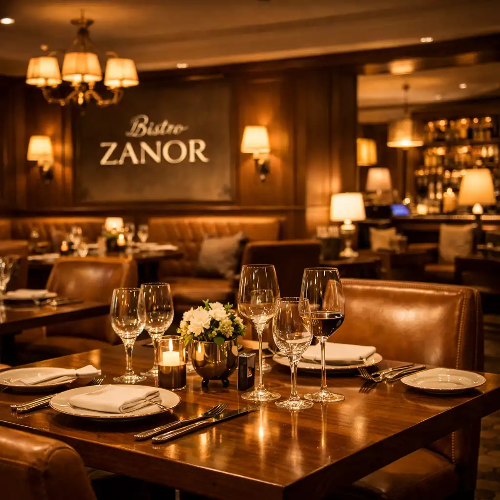 Warmly lit dining room at Bistro Zanor with walnut tables set with fine china and crystal