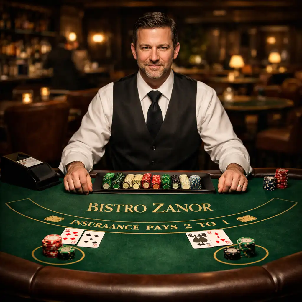 Live felt card table with a professional dealer, cards and chips neatly arranged