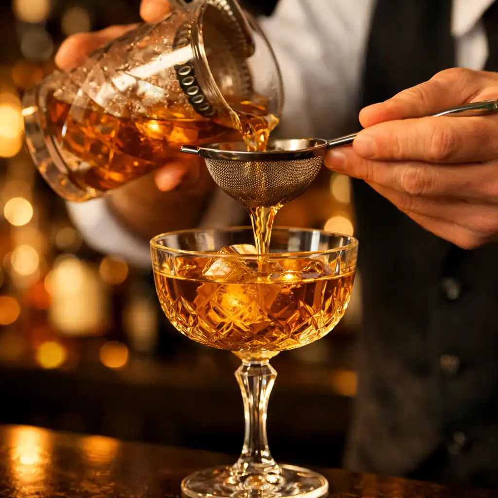 Bartender pouring a craft cocktail into a crystal glass with premium spirits in the background