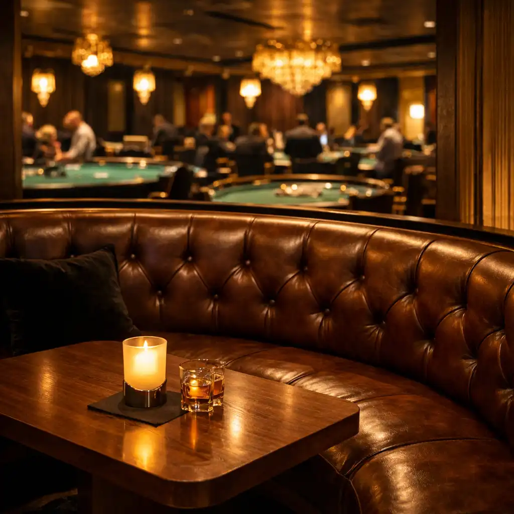 VIP booth with curved leather banquette, low walnut table with candle, and live felt tables in the background