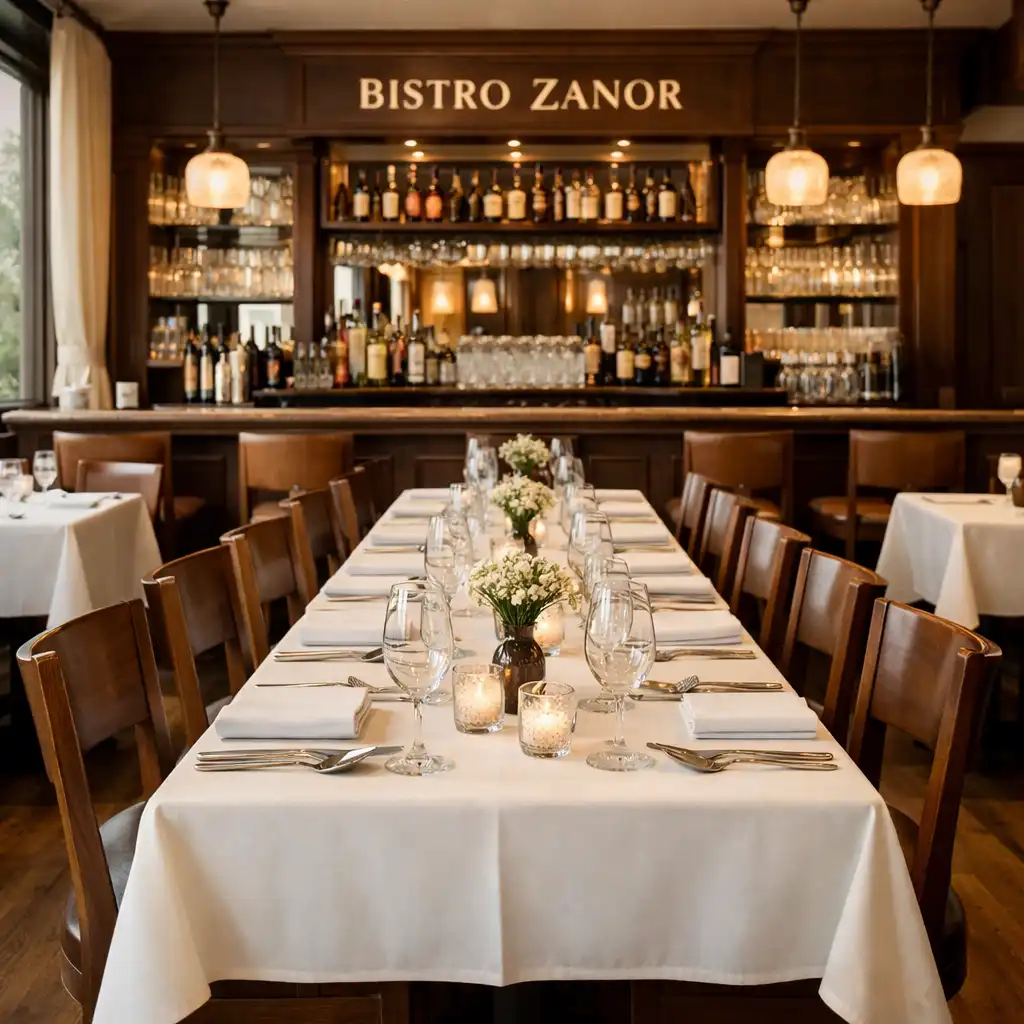 Main dining room with white tablecloths, walnut chairs, and a view of the bar area