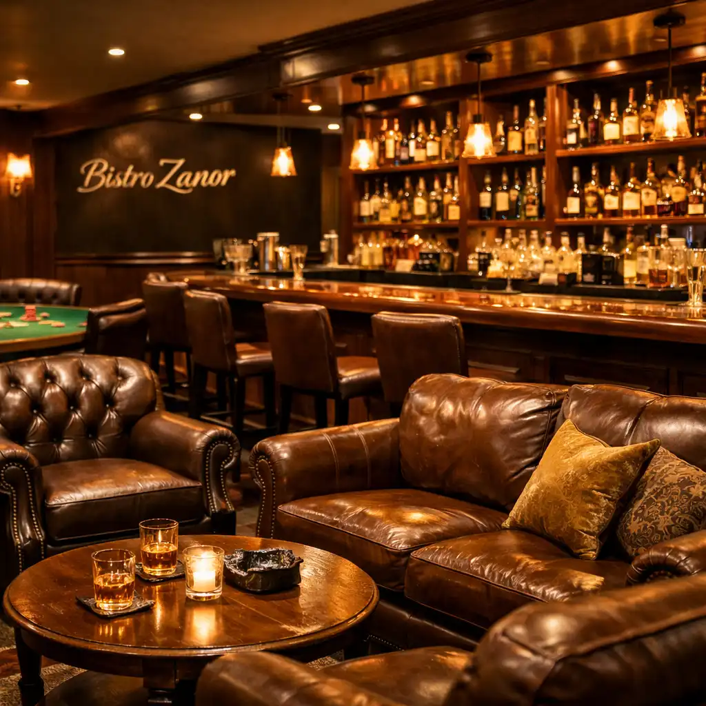 Lounge area with leather seating, polished walnut bar, and live felt card table in the background