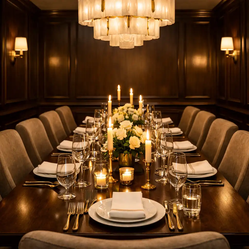 Private dining room with a long table set for eight, upholstered chairs, and a statement chandelier
