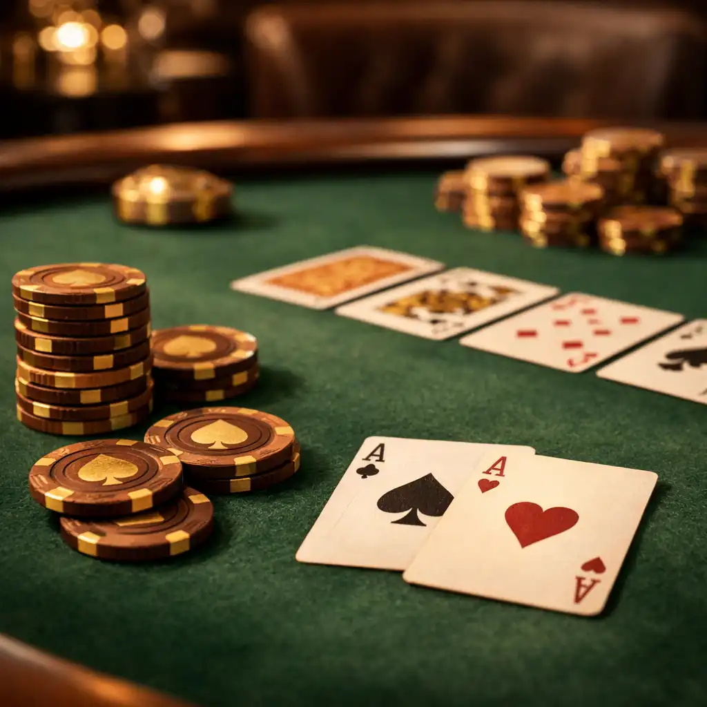 Close-up of a live felt card table with elegant playing cards and custom-designed chips in warm walnut and gold tones
