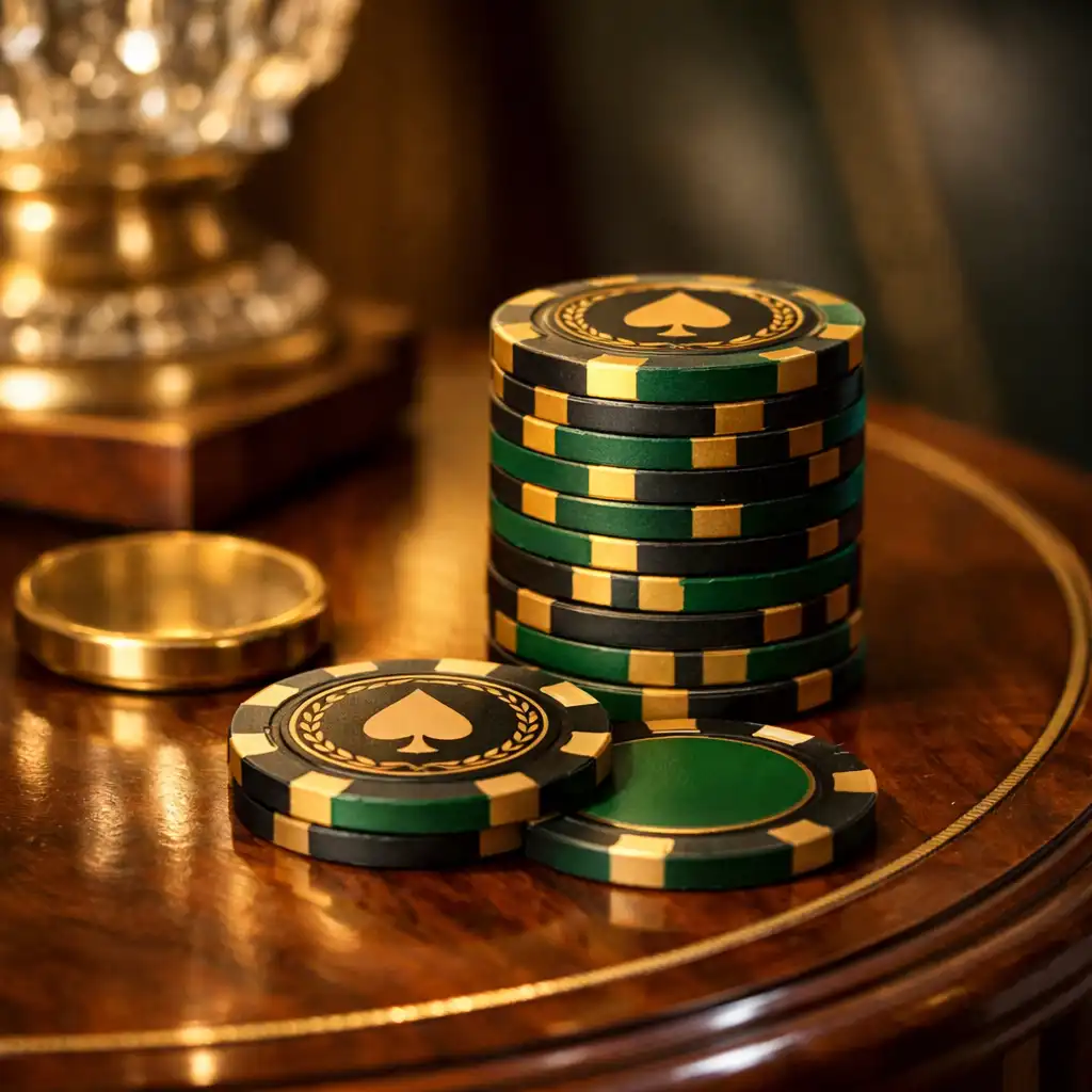 Decorative detail of trophy display and elegant chips on a walnut side table