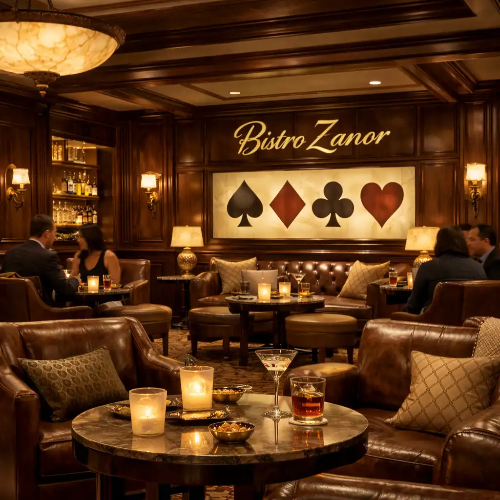 Interior view of the Bistro Zanor casino lounge with rich walnut paneling, plush leather seating, and warm alabaster lighting