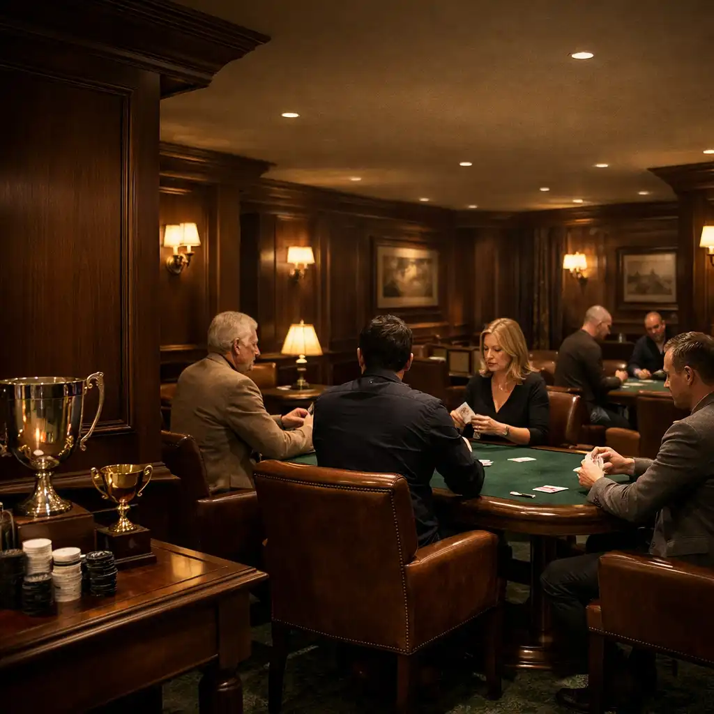 Sophisticated casino lounge with live felt card tables and warm lighting