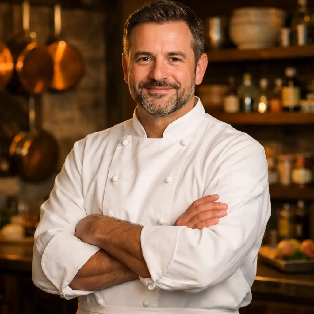 Portrait of the Bistrozanor chef in a white jacket, arms crossed in a warm kitchen