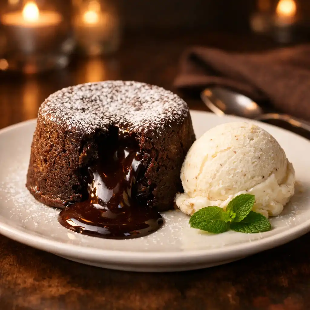 Warm chocolate fondant with molten center and vanilla bean ice cream