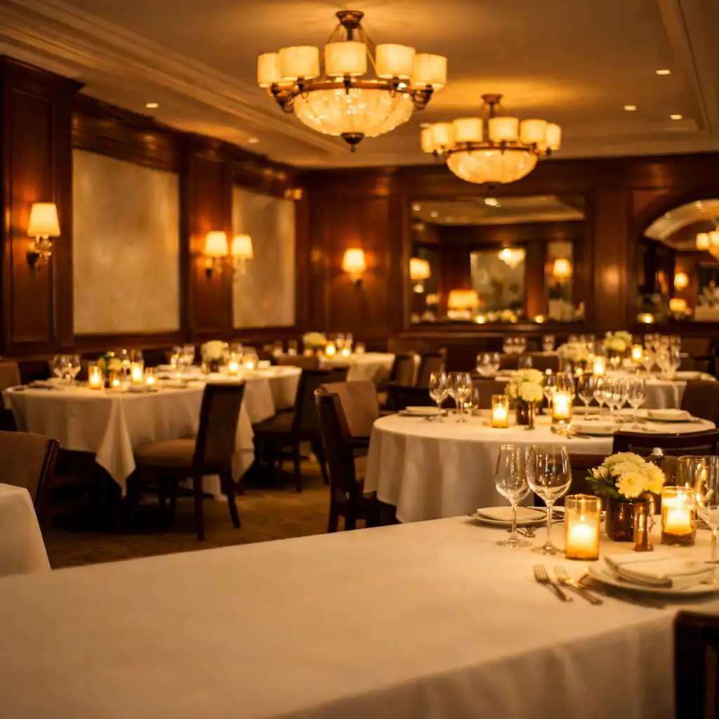 The elegant main dining room with fine china, crystal glasses, and ambient candlelight