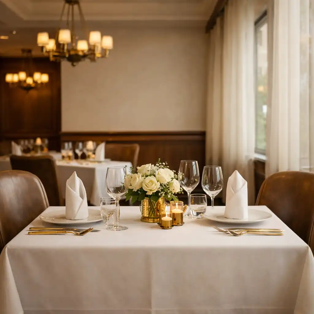 Elegant fine dining room with white linens and gold cutlery
