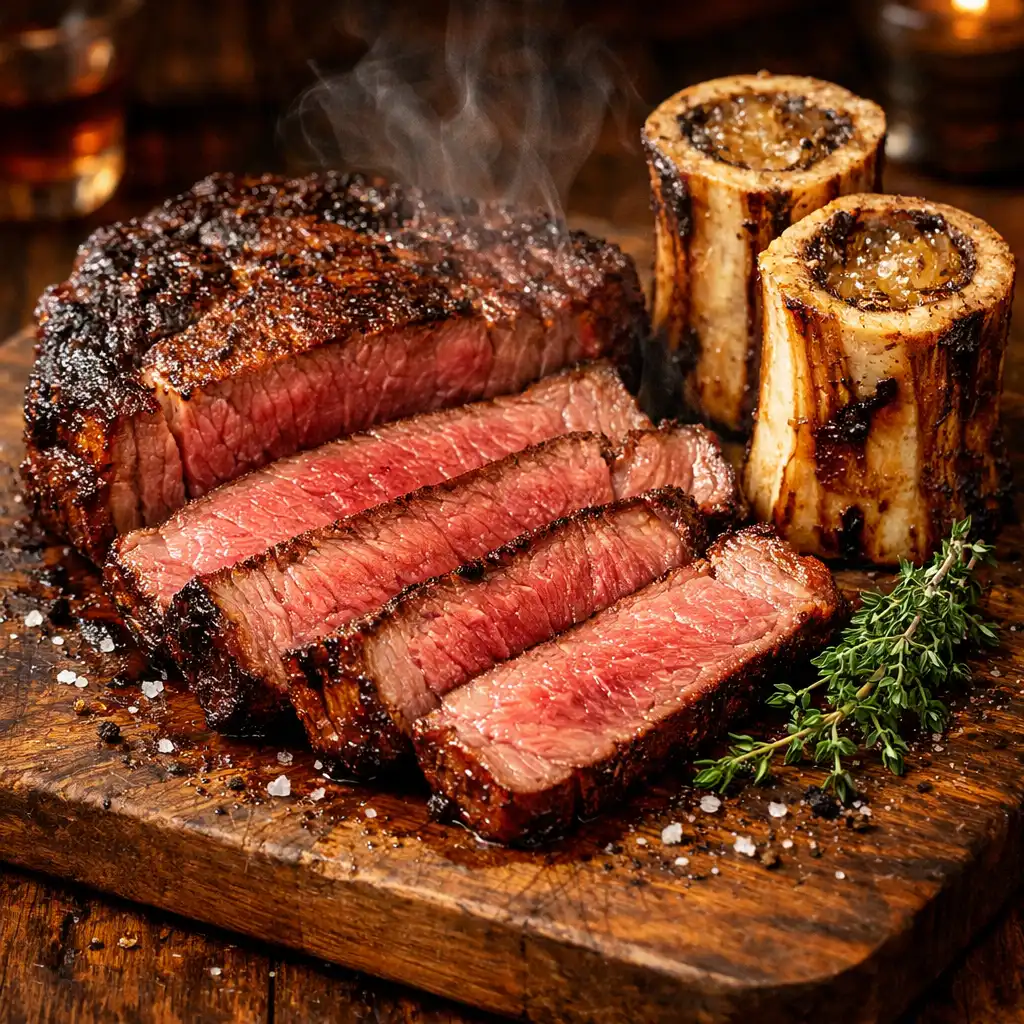 Sliced dry-aged ribeye steak with roasted bone marrow and thyme