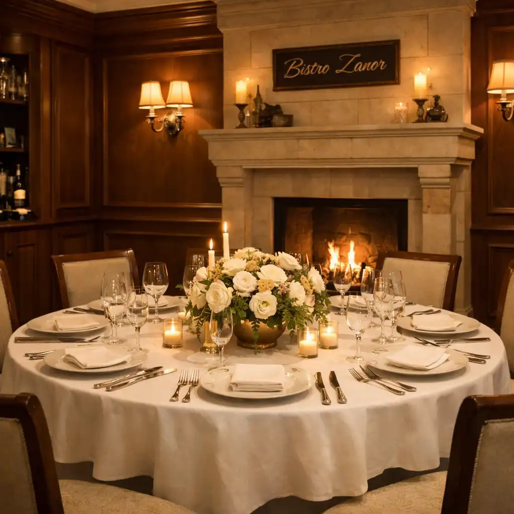 The intimate private dining room at Bistro Zanor with a round table set for eight