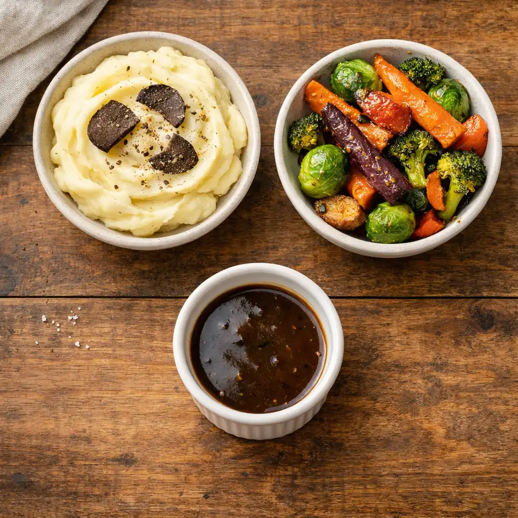 Gourmet side dishes including truffle mashed potatoes and roasted vegetables