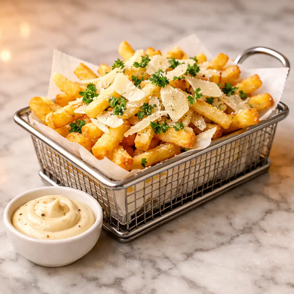 Golden truffle fries topped with shaved parmesan and parsley