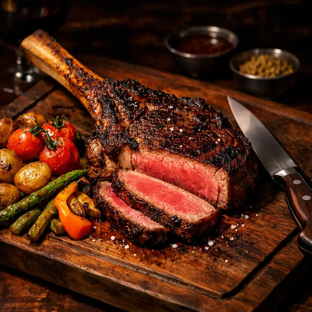 Massive tomahawk steak with long bone, charred exterior, and roasted vegetables