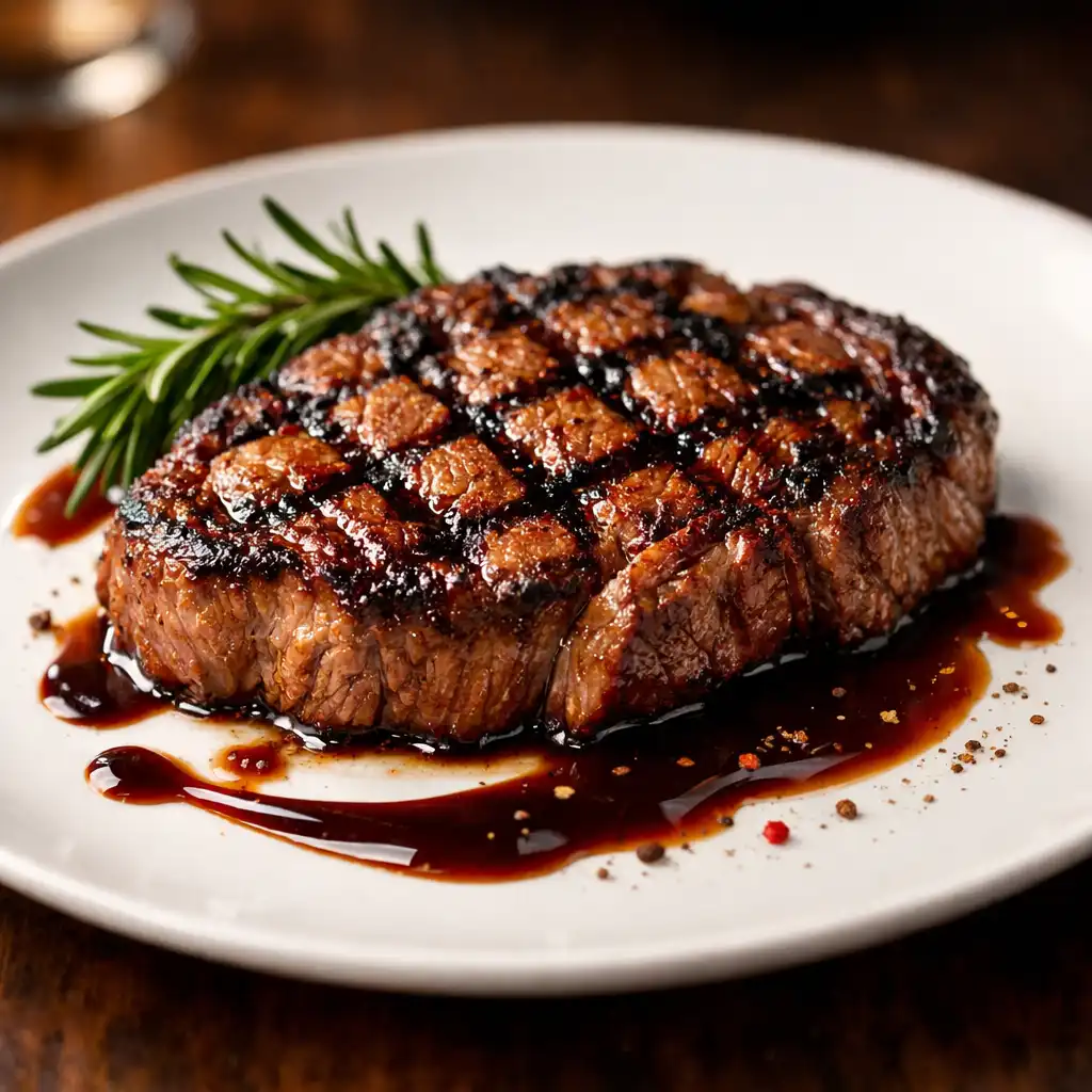 A beautifully plated gourmet ribeye steak with rosemary and a rich sauce