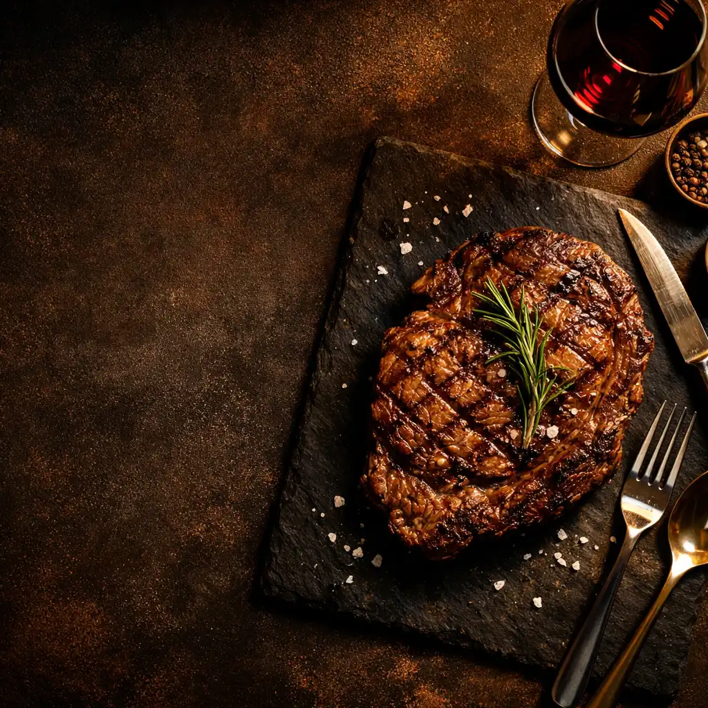 Perfectly grilled ribeye steak on a dark slate plate with rosemary and a glass of red wine