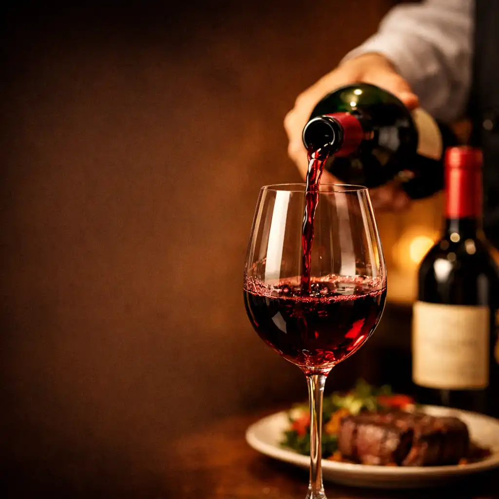 A sommelier pouring red wine into a crystal glass beside a bottle and a partially visible steak dish